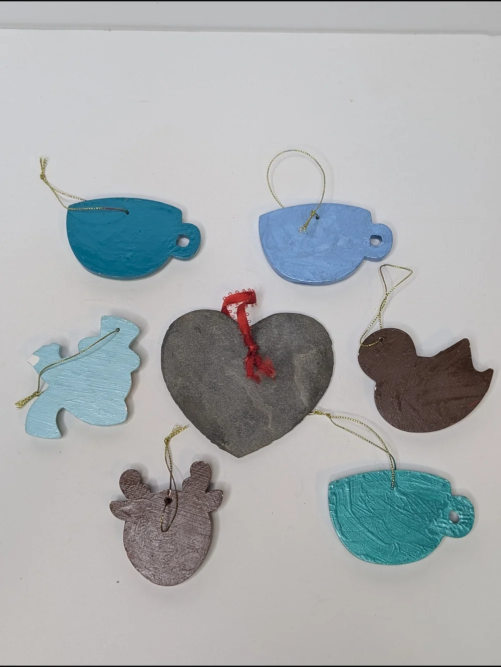 Hand Crafted teal blue brown Christmas Ornament Set